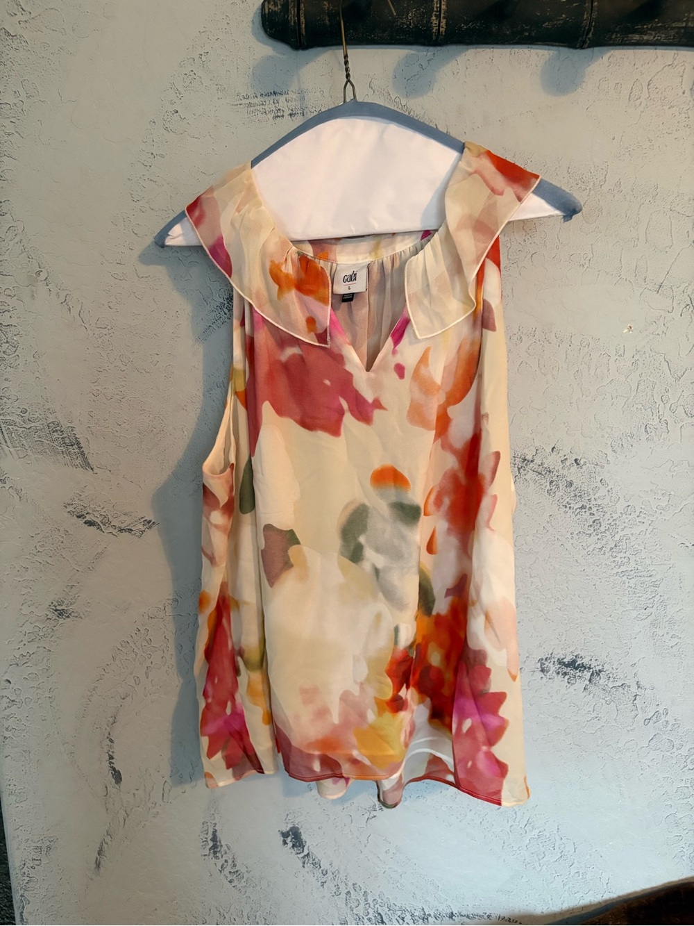 CAbi Peach Multi Watercolor Ruffle Collar Sleeveless Camisole